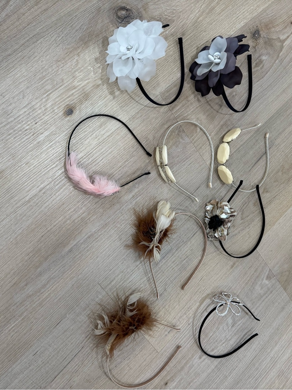 Assorted Floral & Feather Headband Set - White, Black, Pink, Cream, Brown